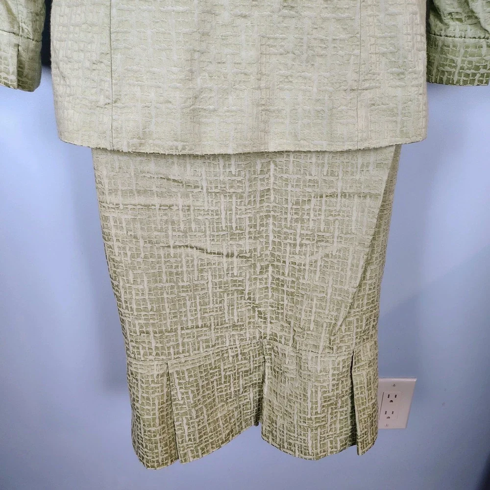 Sage‎ Green Textured Skirt Suit Set 6 3/4 Sleeve Jacket Pencil Skirt old money
